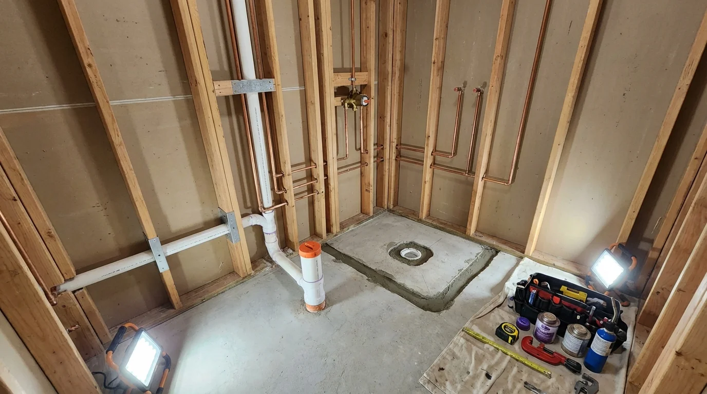 Bathroom rough-in plumbing during remodel by Johns Plumbing LLC in Southbridge