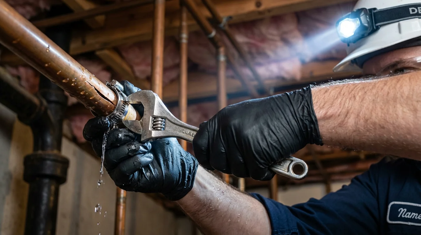 Emergency pipe clamp repair being performed by a Johns Plumbing LLC plumber in Southbridge