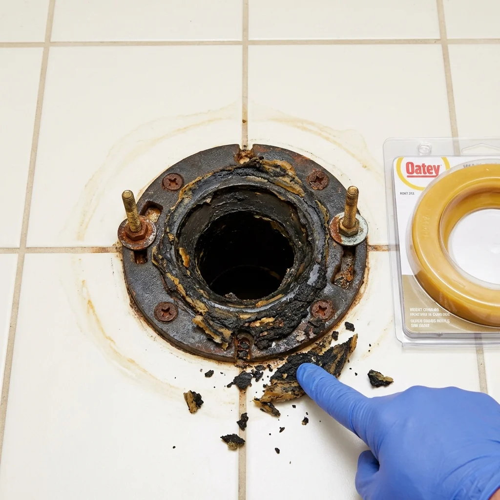 Failed wax ring showing water seepage at the base of a toilet in a Southbridge, MA home